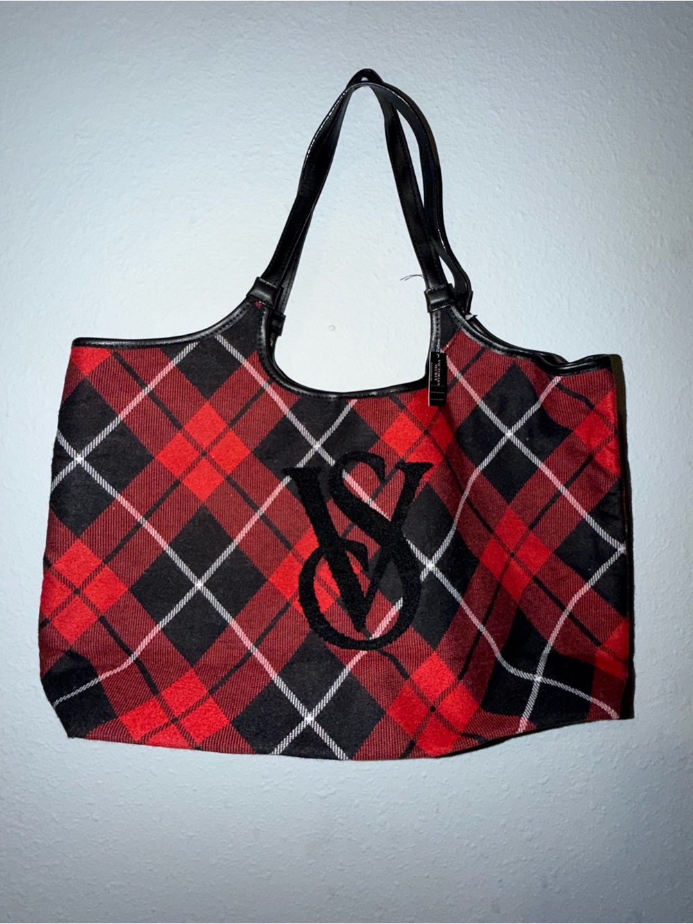 Victoria's Secret Red & Black Plaid Tote with Monogram